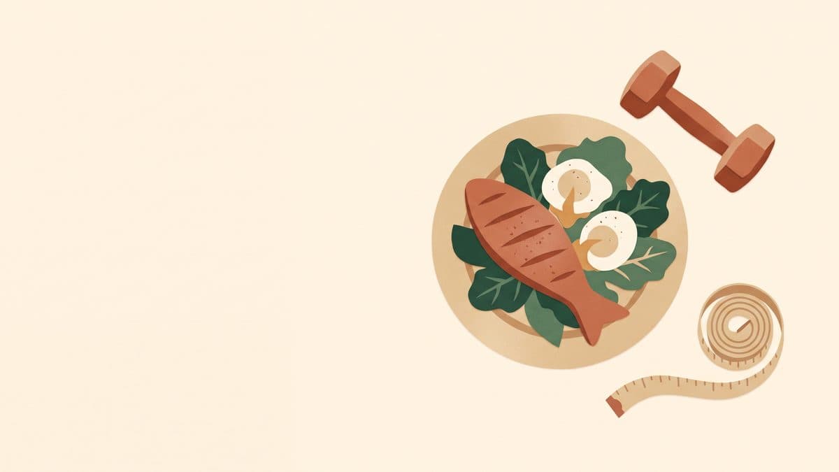 Paper-cut illustration of a plate with grilled fish, greens and eggs beside a small dumbbell and a measuring tape